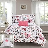 Chic Home Grand Palais 5 Piece Reversible Quilt Set Paris is Love Inspired Printed Design Coverlet Bedding - Decorative Pillows Shams Included, Queen Size, Pink