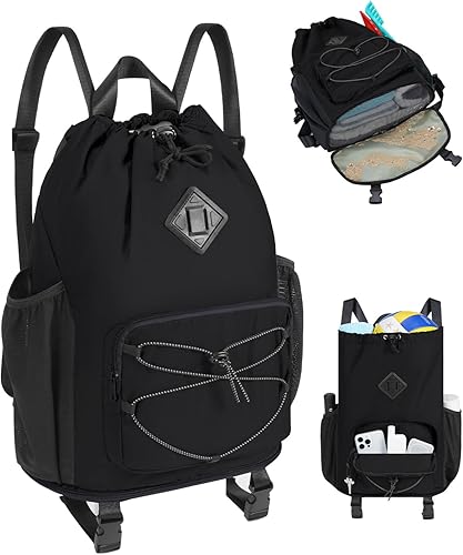 WANDF Drawstring Backpack with Removable Wet Pocket, Sandproof Beach Backpack with Bottom Compression Strap for Beach Mat, Swim Bag for Pool, Gym, Travel and Workout Gear (Black)