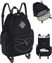 WANDF Drawstring Backpack with Removable Wet Pocket, Sandproof Beach Backpack with Bottom Compression Strap for Beach Mat, Swim Bag for Pool, Gym, Travel and Workout Gear (Black)