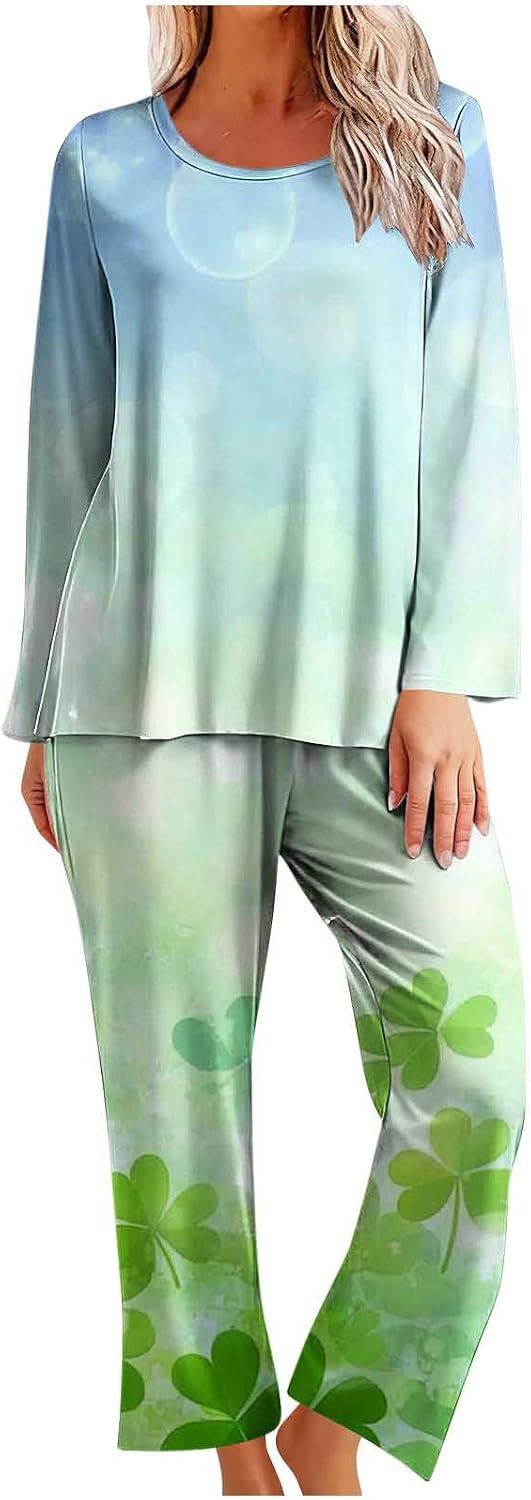 Women’s Print Pajama Set Relaxed Fit Soft Long Sleeve Sleepwear St. Patrick’s Day PJs Ladies Comfortable Loungewear