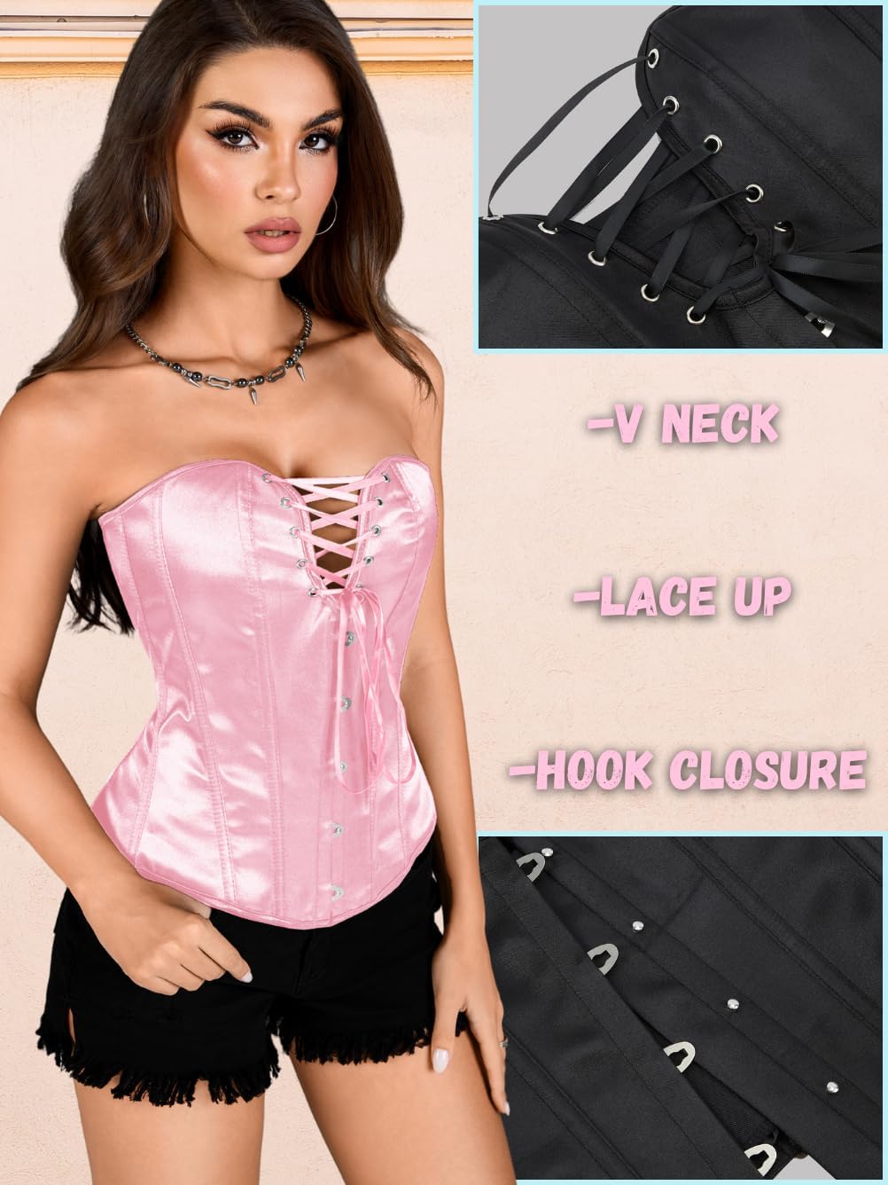 ChiaoLezhee Women's Satin Criss-Cross Corset, Front Hook & Lace-Up Back for Body Shaping, Renaissance Steampunk Gothic