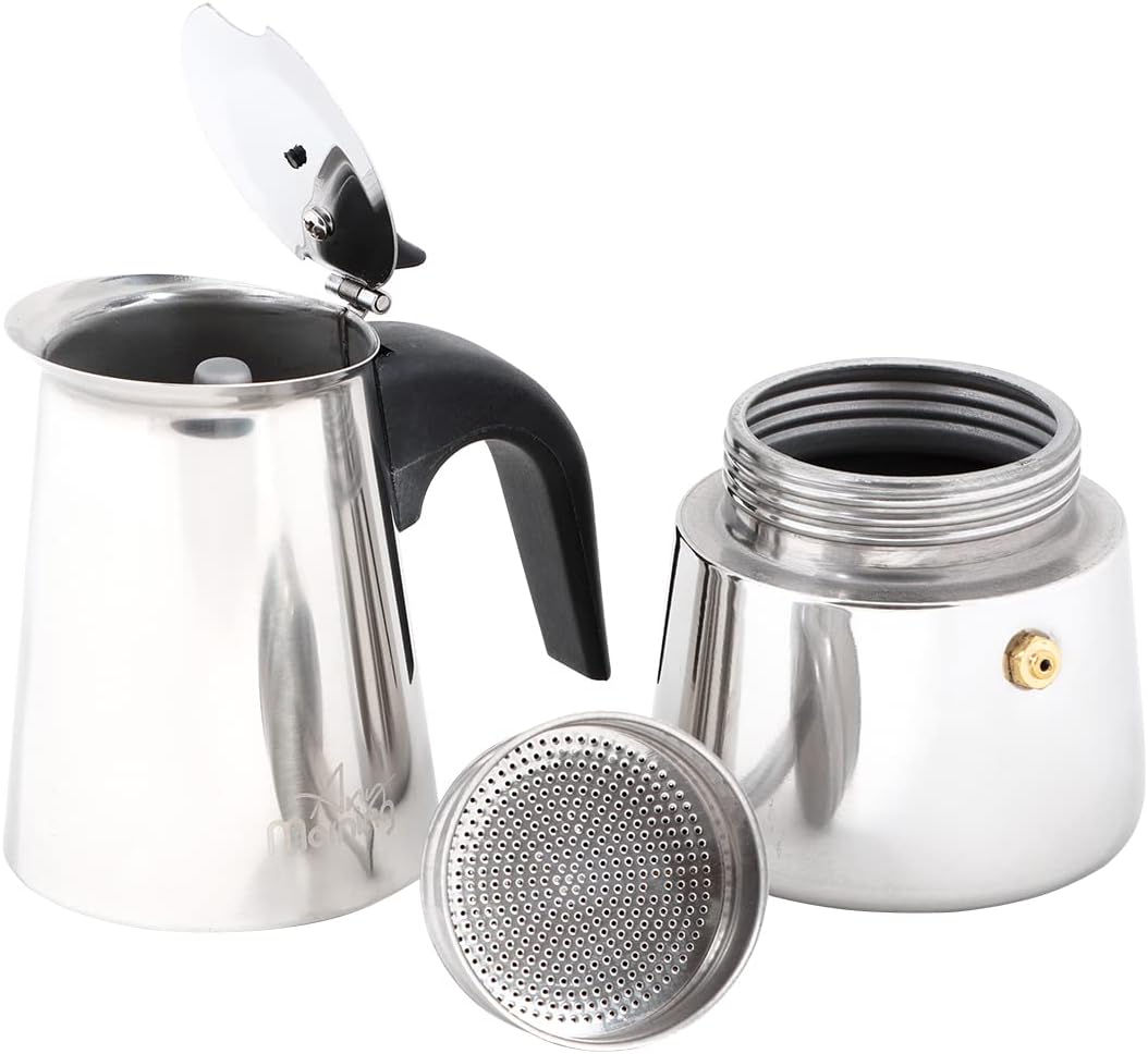Any Morning Stainless Steel Espresso Maker, 300 ml, Induction Compatible Moka Pot, 6-Cup Capacity, Percolator Coffee Pot 6 Cups, 10 oz, Silver Colored
