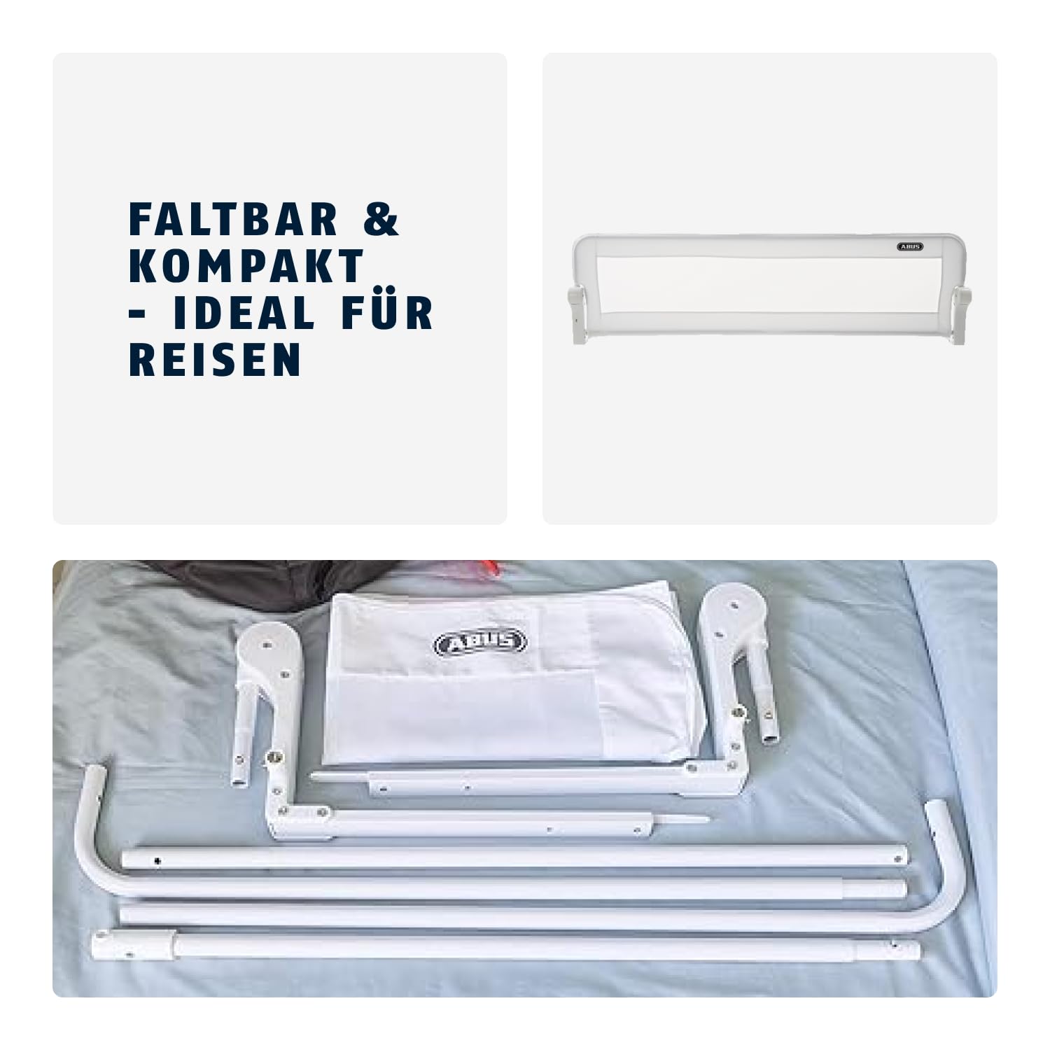 ABUS Bettgitter Eric für Babys und Kinder - Rausfallschutz für Elternbetten, Kinderbetten, Familienbetten - faltbar für Reisen - Bettschutzgitter 150 cm - Weiß