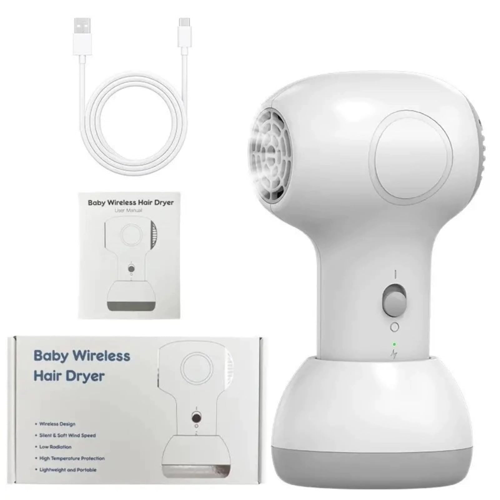 Secador de Pelo para bebé, bajo Nivel de Ruido, Calor Suave para Bebés Pequeños, Secador de Pelo Inalámbrico Recargable de Temperatura Constante de 2 Velocidades, Secador de