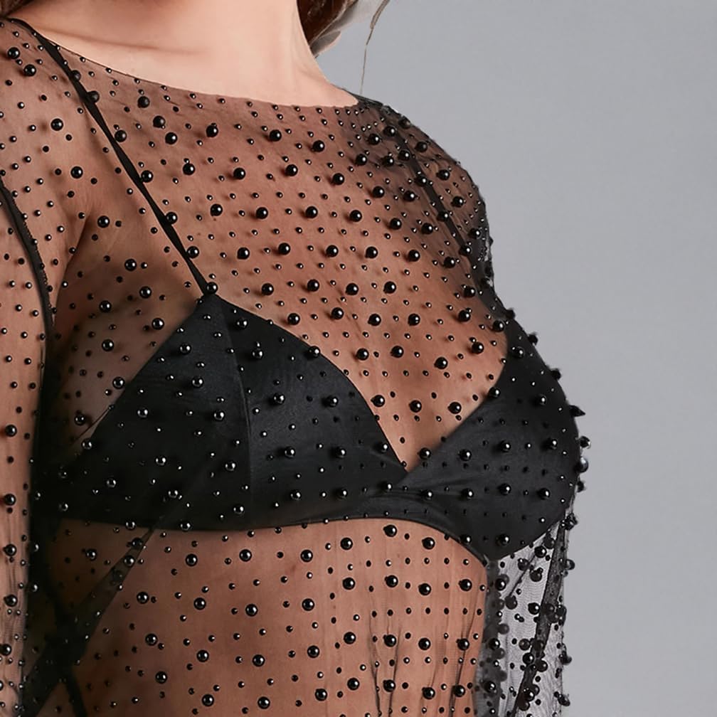 Women Pearl Rhinestone Sheer Mesh Crop Tee Top Sexy See Through Short Sleeve Slim Fit Crop T-Shirt Club Summer - Image 8