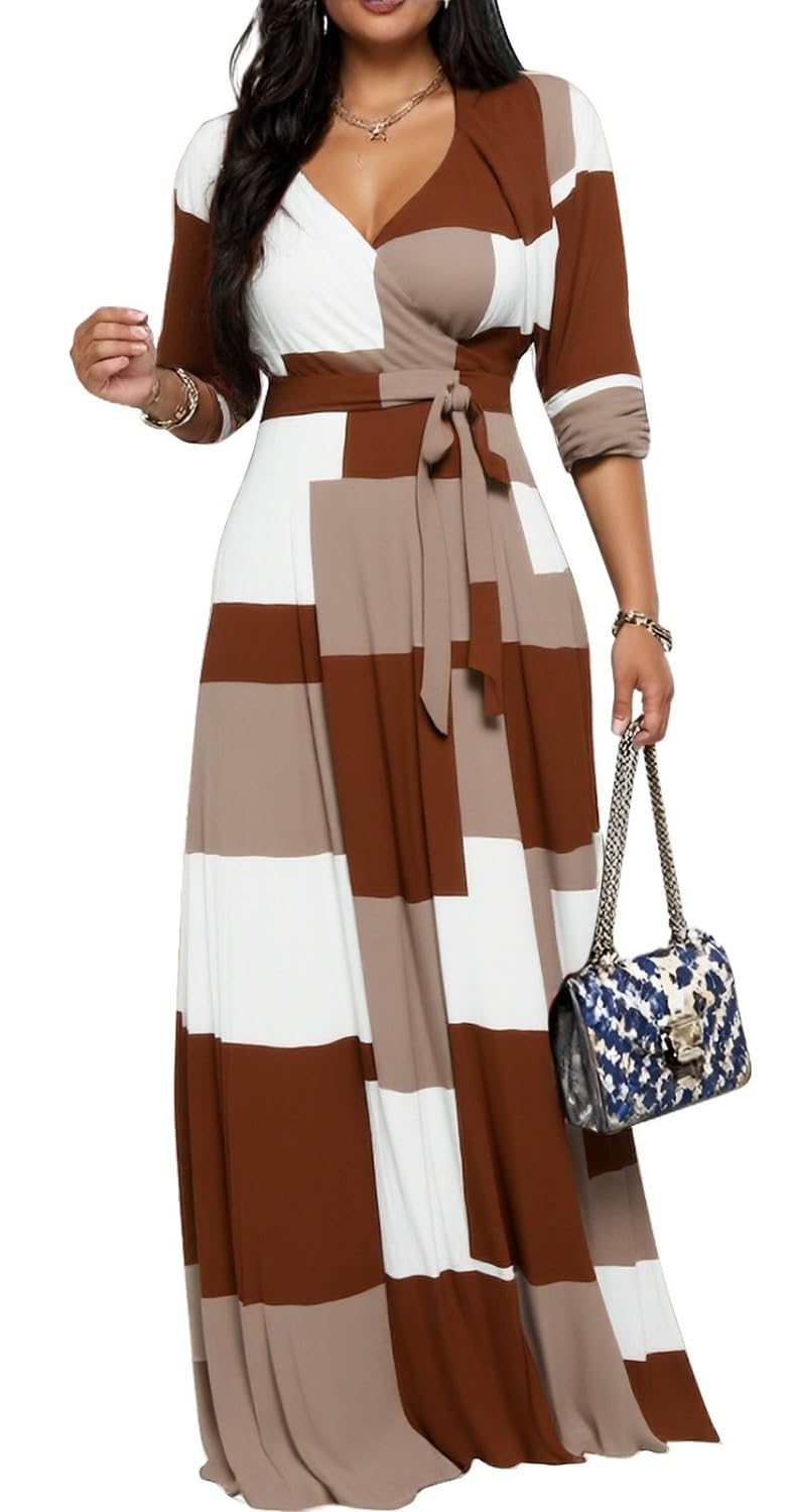 Women's Church Maxi Wrap V Neck 3/4 Sleeve Tie Waist Plus Size Long Dress