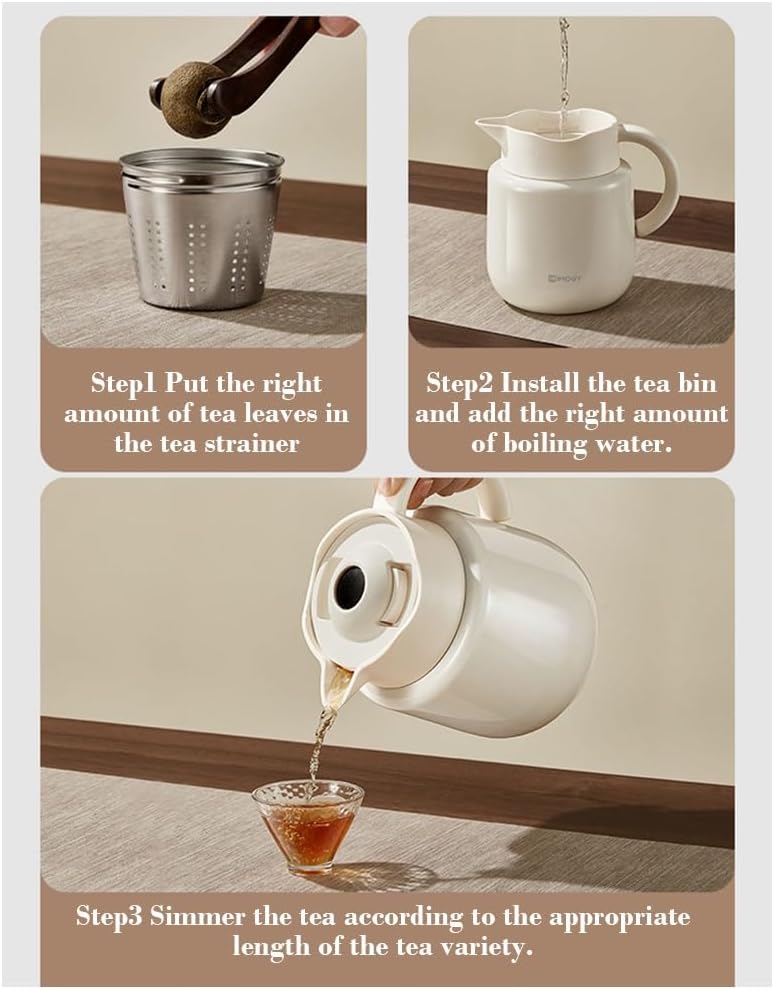LEIYTFE 1.2L Thermal Stainless Steel Tea Pot,Insulated Coffee Pot with Ceramic Liner,6Hour Heat Retention Small Thermal Vacuum Flask for Hot Coffee,Tea,Beverage(White)