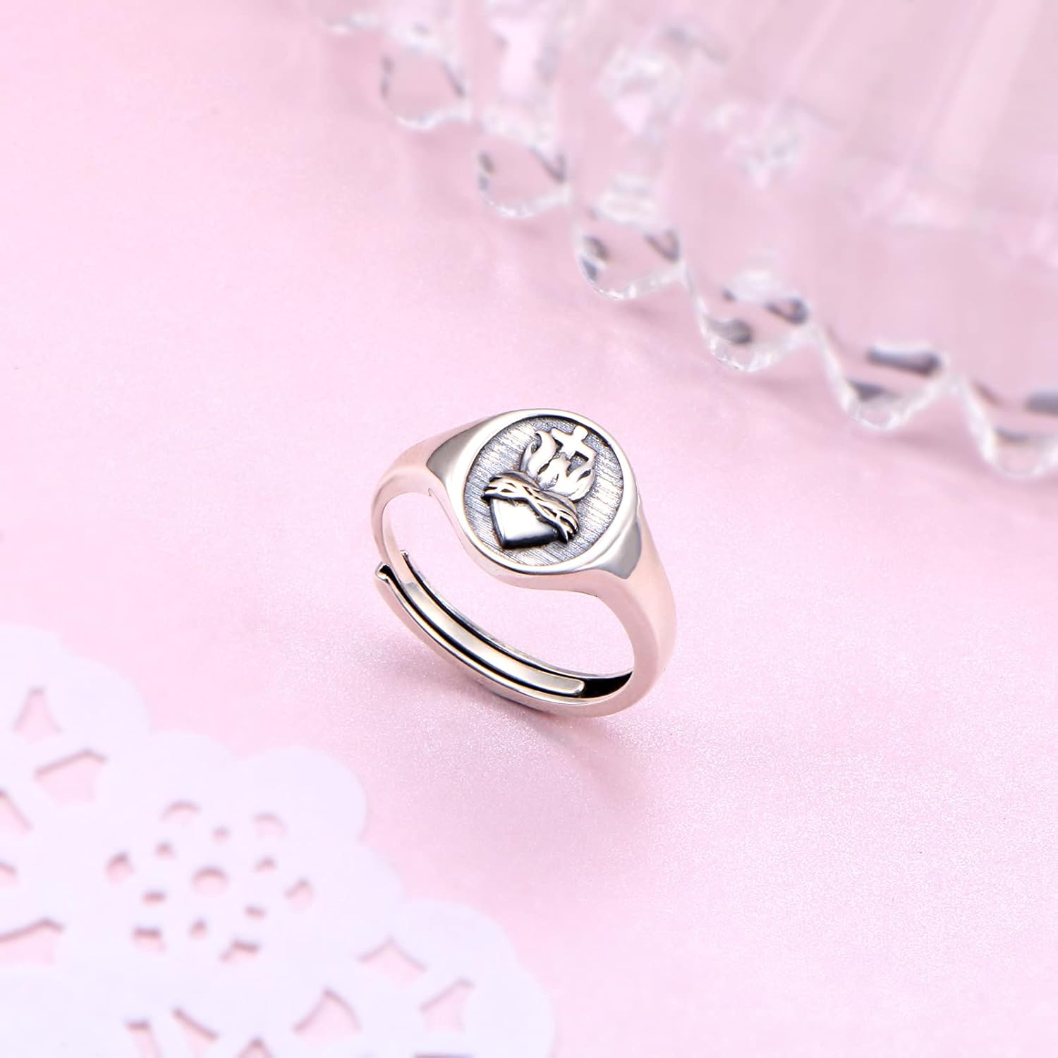 FLYOW S925 Sterling Silver Flaming Sacred Heart Rings Catholic Faith Charm Women Signet Ring Adjustable Love of God Thorn Jewelry Easter Gifts