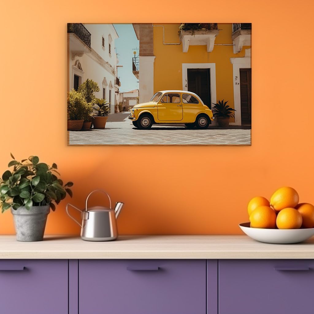 Canvas for Living room. Picturesque Charm: A Vintage Yellow Fiat 500 Nestled in a Quaint Street Scene, 27 x 18 inch Canvas Wall Art - St. Peter'S Basilica - Retro Home Decor