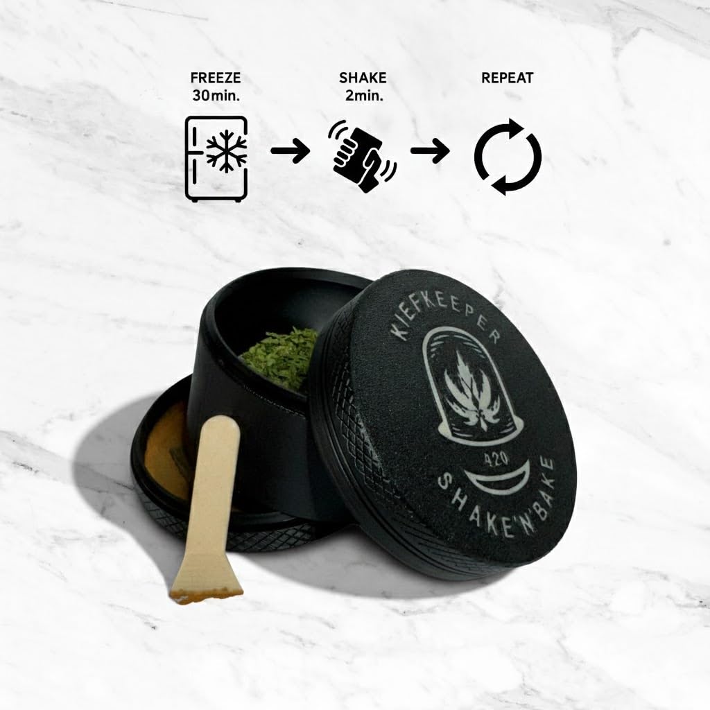 KiefKeeper Premium XL Pollen Shaker – Manueller Hash Extraktor & Kief Maker – 125 Micron Edelstahl-Sieb für Trimmings & Blüten – Nachhaltiger 3D-Druck Made in Germany – Inkl. Schaber, Schwarz