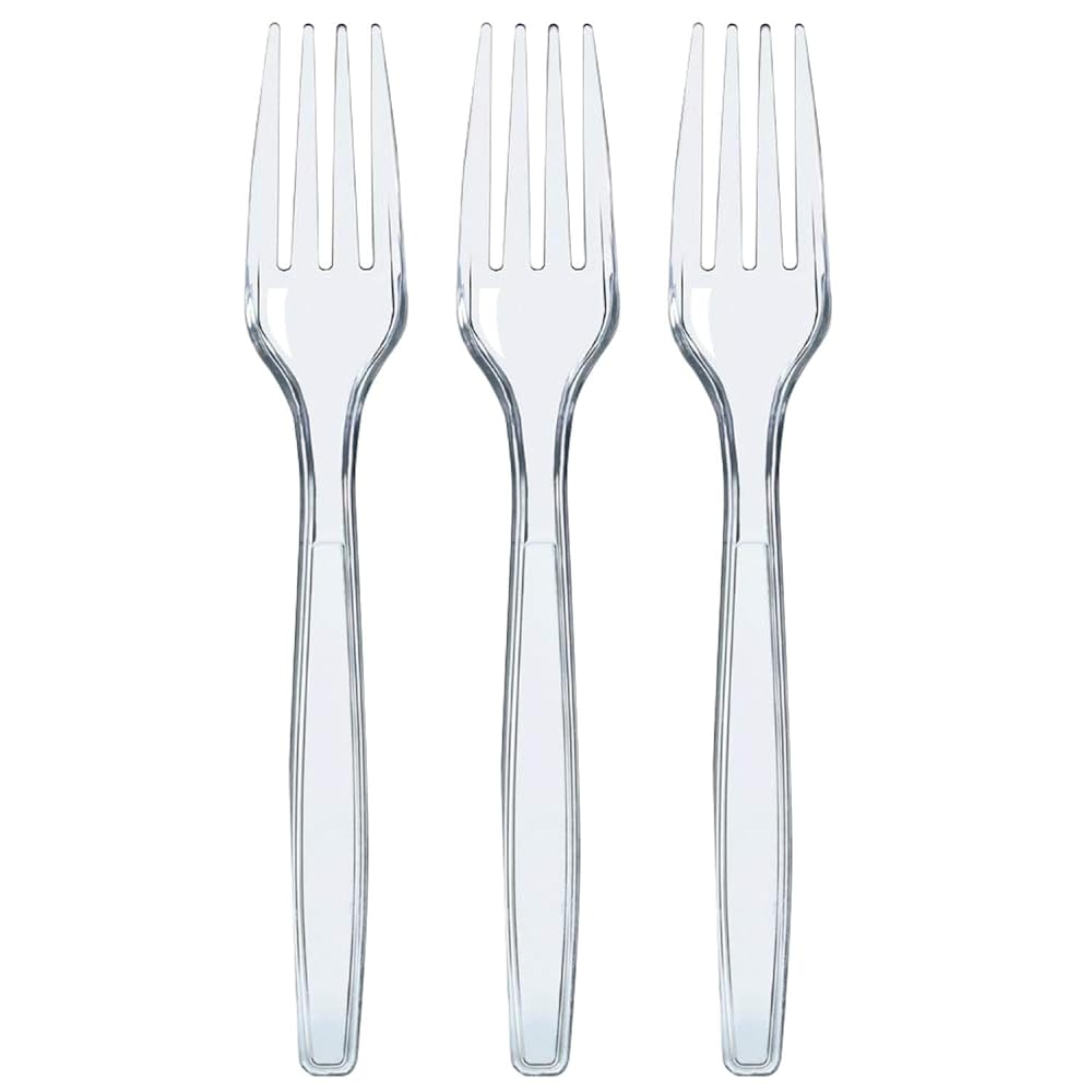 Prestee 100 Count Plastic Forks - Heavy Duty Forks Disposable for Parties, Events, and Catering - Crystal Clear Silverware and Durable Plastic Utensils Flatware Set for Weddings and Celebrations