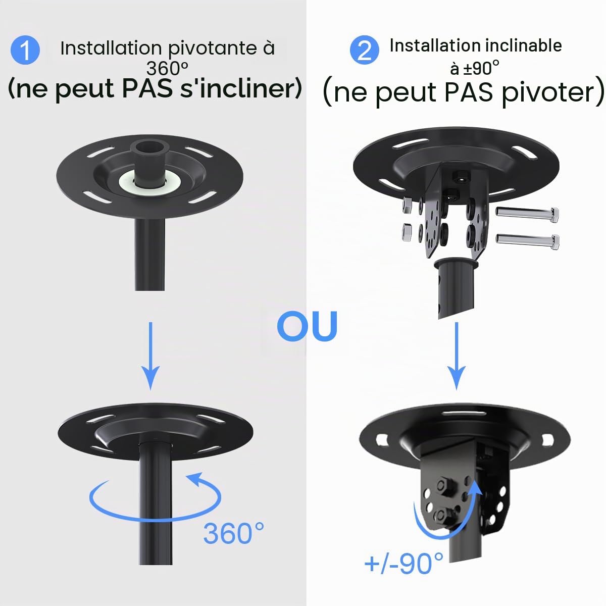 Suptek Support TV Plafond pour Téléviseurs LCD LED Plats/Incurvé de 26 à 65 Pouces, VESA jusqu'à 400×400mm Charge 45 kg, Inclinaison à 15° et Rotation à 360°, Support Mural TV - MC4602