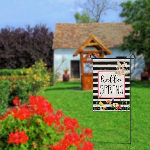 Miniatura 4 de Bandera de jardín de flores de Hello Spring de 12 x 18 pulgadas, arpillera de doble cara exterior, letrero de conejo floral de temporada, decoración