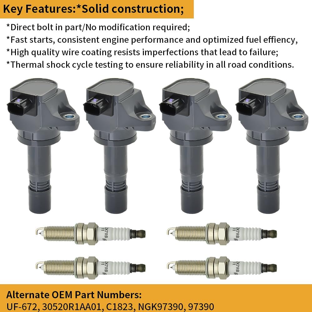 Set of 4 UF672 Ignition Coil Packs with 97390 Spark Plug Kits Compatible with Honda Civic L4 1.8L 2012-2015 Acura ILX, Coil Packs Replaces # UF672, 30520R1AA01, C1823, NGK97390, 97390