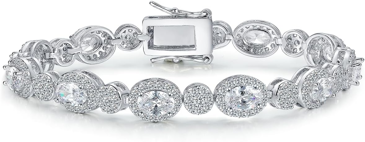 MDFUN Halo Tennis Bracelet for Women 18K White Gold Round and Oval Cubic Zirconias, Size 8 inches
