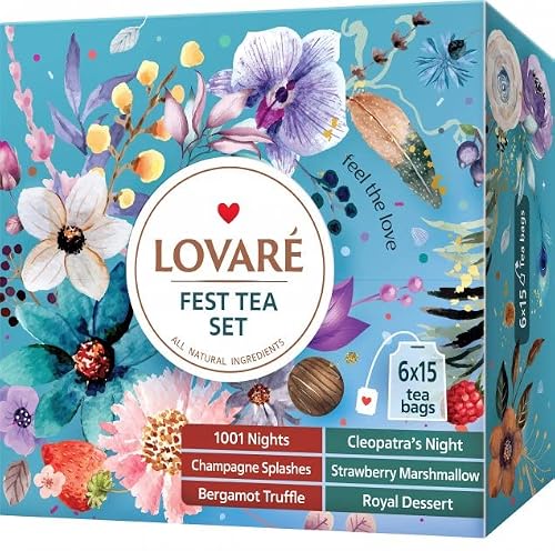Black And Green Tea Blend Assorted Tea By Lovare Individually Wrapped 90 Tea Bags For Tea Lovers Made In Ukraine - Huckleberry Herbal, Fruits, Flower Petals, Aroma Of Grapes, Pieces Of Berries, All Natural Ingredients, In Gift Box For Blooming Tea Lovers Men & Women #TOP1