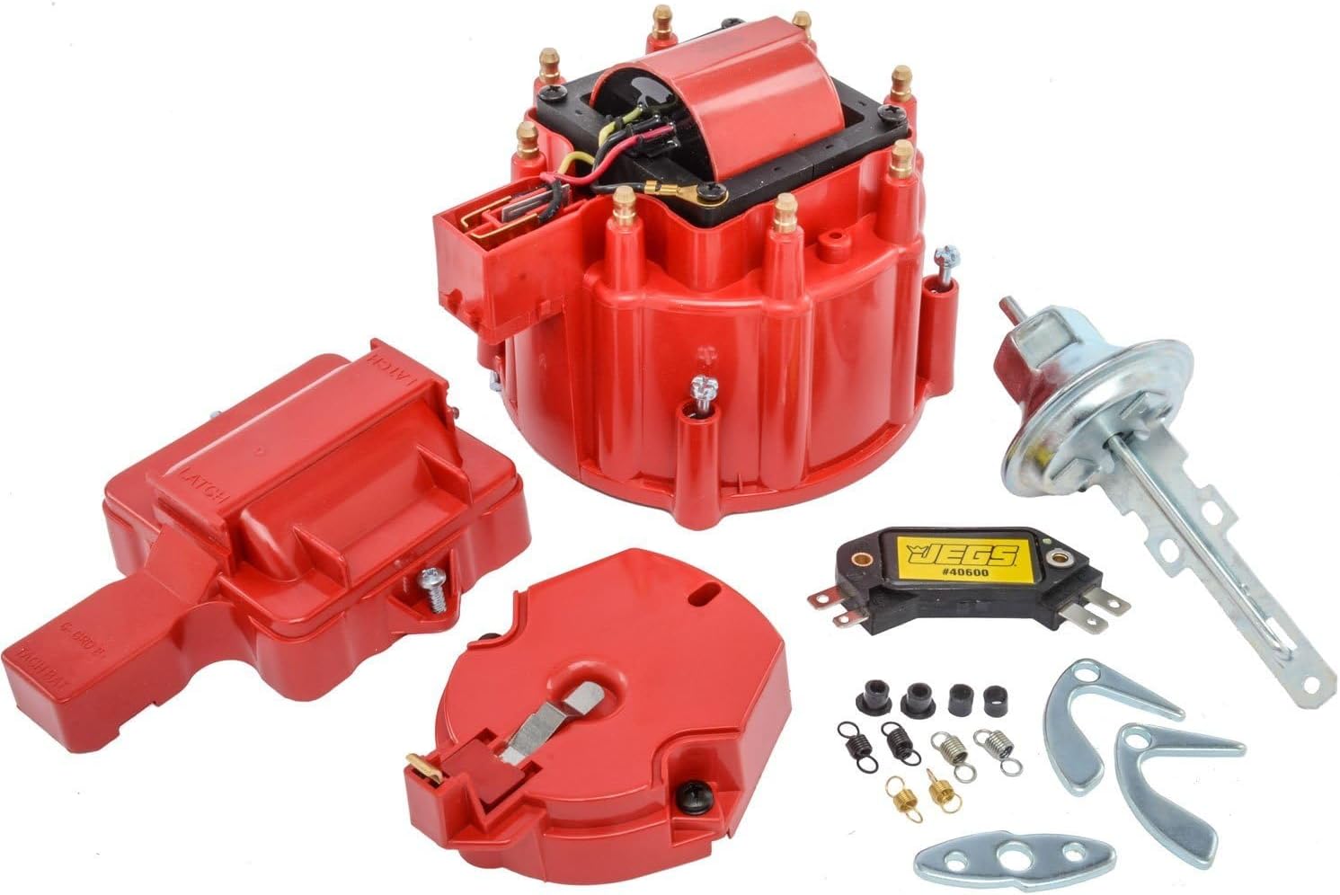 JEGS High Performance HEI Ignition Tune-Up Kit | Fits Small And Big Block Chevy Engines | Includes Cap, Rotor, Coil, 4-Pin Module, Advance Curve Kit, Adjustable Vacuum Advance, And Coil Cover