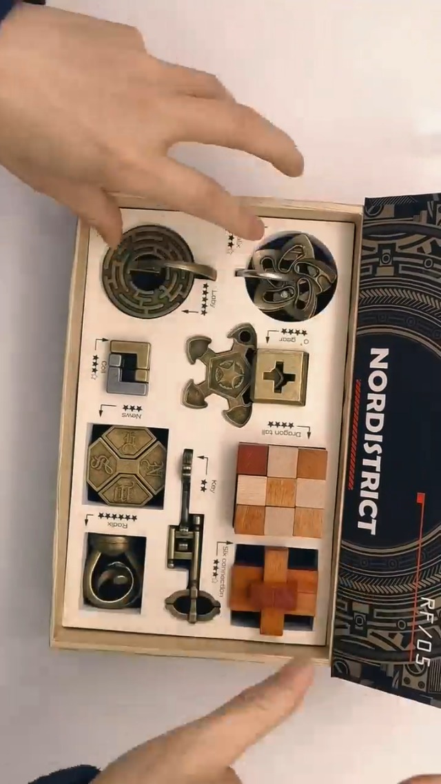NORDISTRICT Metal and Wood Mechanical Puzzle Box Set 9 Pieces