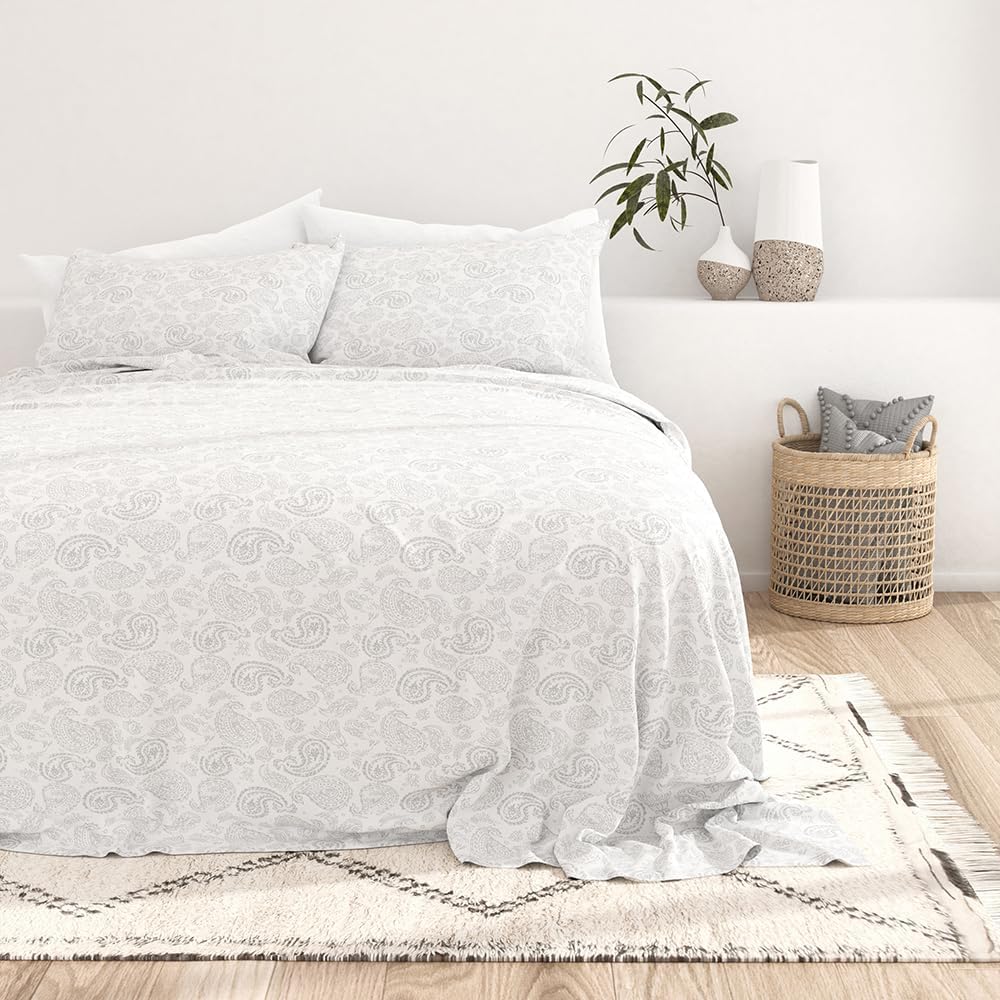 LINENS & HUTCH Sheet Set Patterned Microfiber Ultra Soft Bedding in Coarse Paisley - Full Coarse Paisley Light Gray