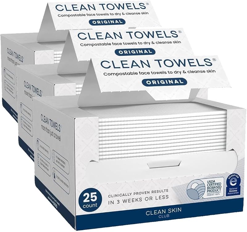 CLEAN SKIN CLUB Clean Towels® Toalhas Faciais Descartáveis Secas, Pacote com 3 de 25 Unidades