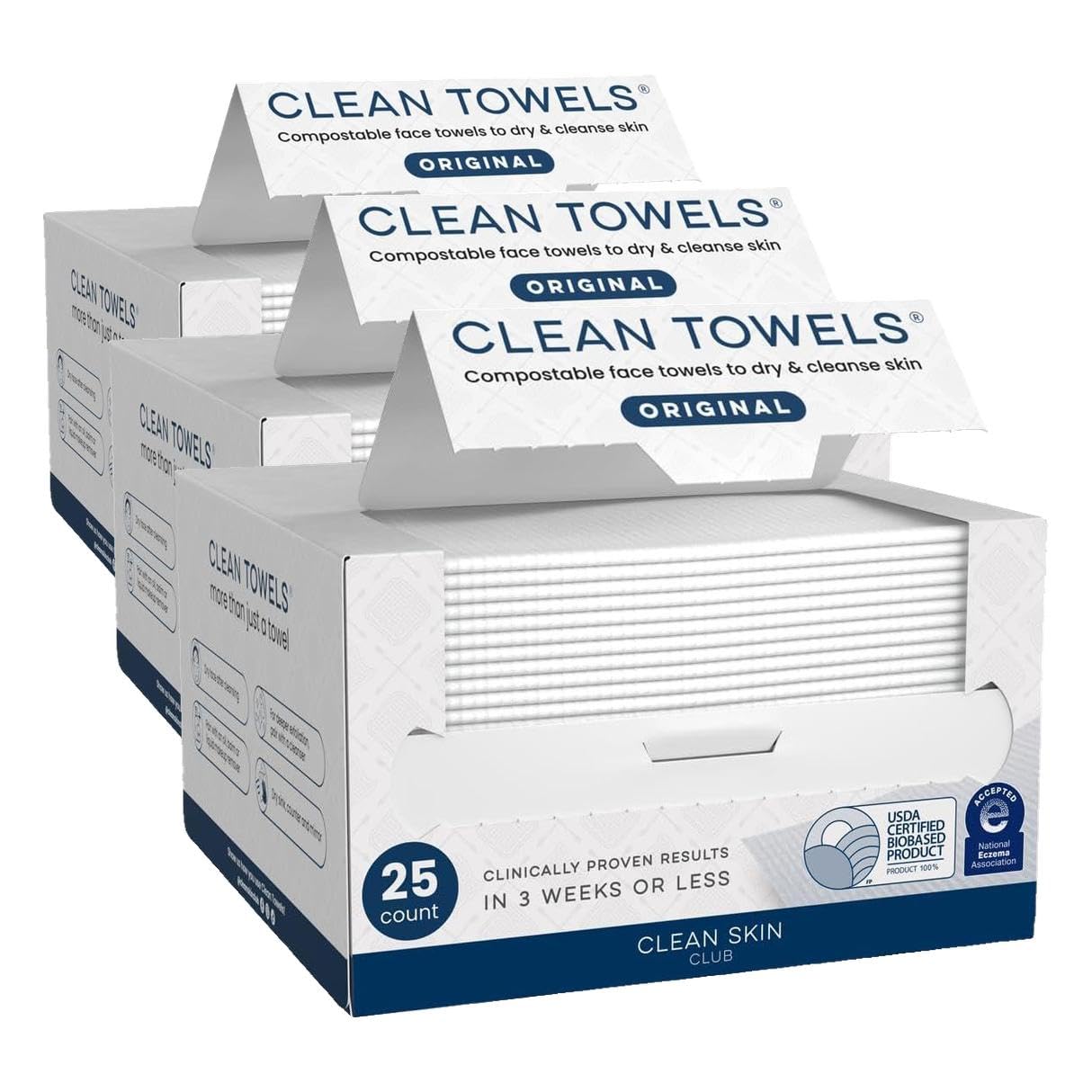 Clean Skin Club Clean Towels®, 100% USDA Biobased Face Towel, Disposable Face Towelette, Eczema Association Accepted, Makeup Remover Dry Wipes, Ultra Soft, 3 Pack, 25 Ct