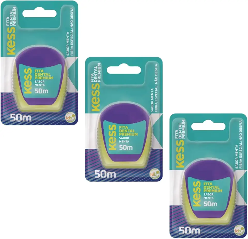 Kit Com 3 Fita Dental Kess Premium | 50m | Sabor Menta | Fibra Especial