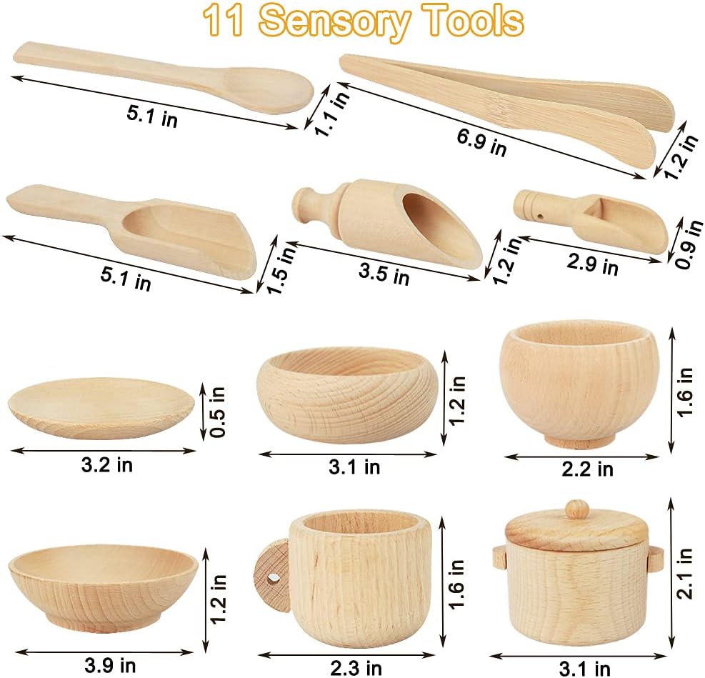 Montessori Sensory Bin Tools: 1 Wooden Box + 11 Sensory Tools for Toddlers & Preschool Children - Fine Motor Learning Pretend Play - Image 3