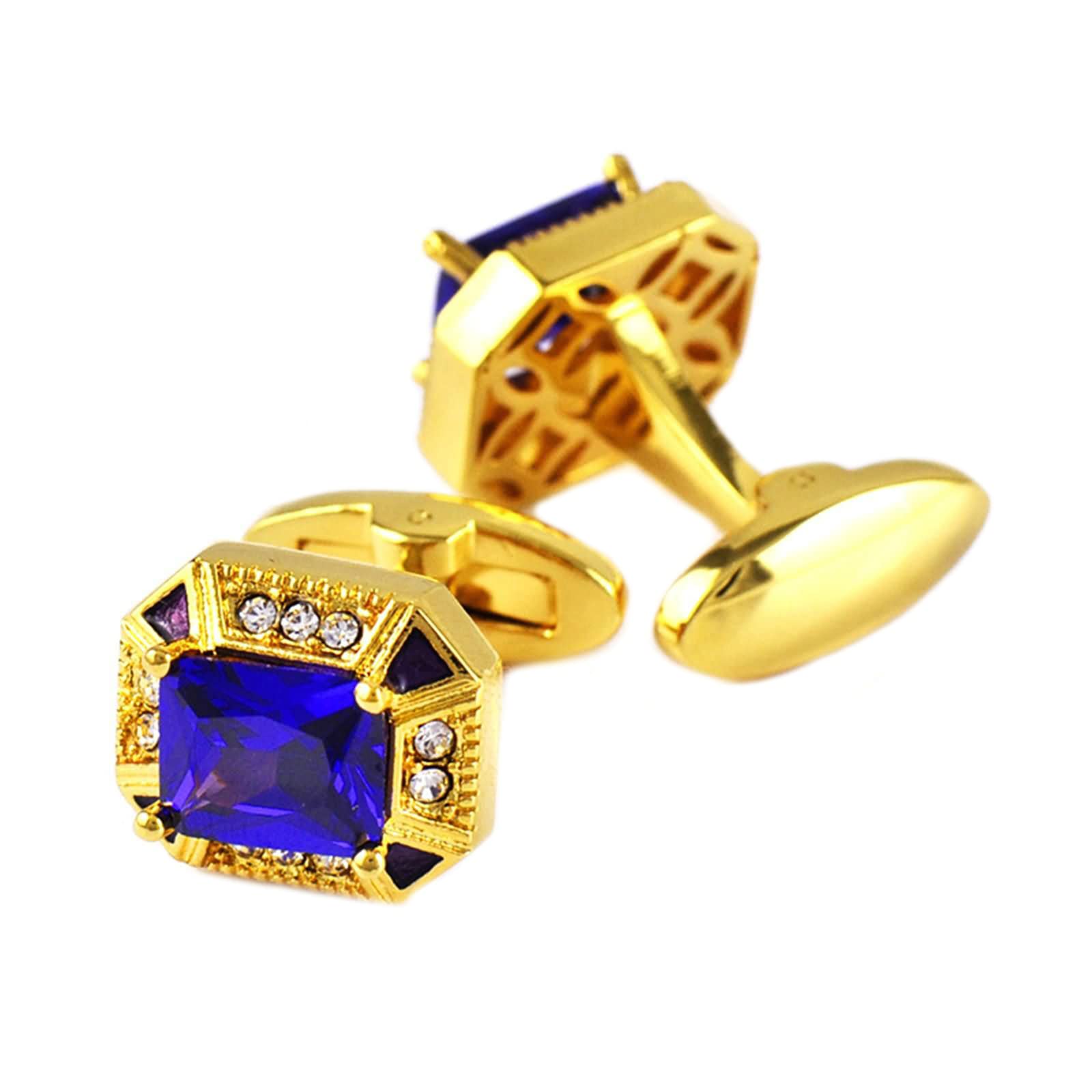 Dsnyu Gemelos de cobre para hombre, chapados en oro, con circonitas cúbicas blancas y azules y personalizados, gemelos de boda