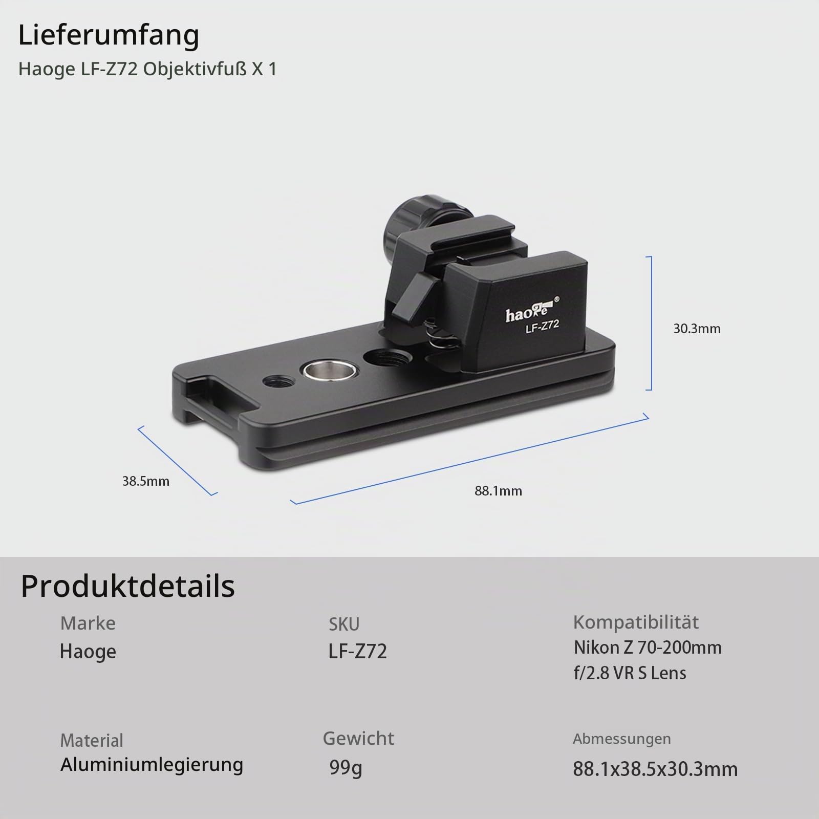 Haoge LF-Z72 Stativhalterung für Nikon Nikkor Z 70-200/2.8 VR S Objektiv,Z100-400mm f/4.5-5.6 VR S,Z 400mm f/４.5 VR S z 600mm f6.3 Linse Z70-200 mm F2.8 Ersatzfuß passend für Arca Swiss Typ