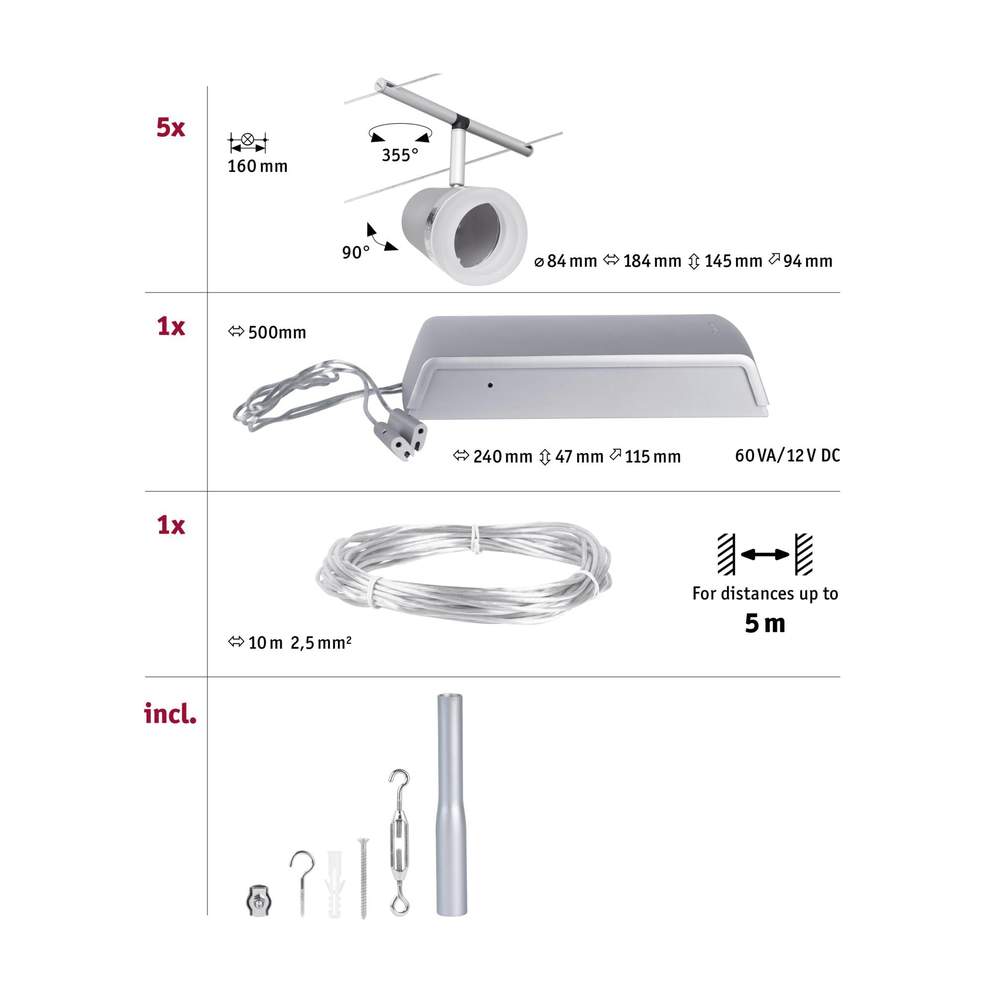 Paulmann 94459 CorDuo Set de base Système de Câbles Cone DC 5 x 10 watts max, Éclairage Extensible Chrome Mat Câble Matière Plastique GU5,3 Système de Câbles sans Ampoules