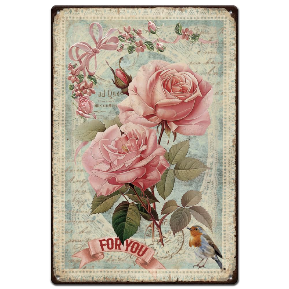 Rose Flower Tin Signs Pastoral Vintage Hanging Metal Posters colorful Metal Poster Signs Iron Wall Art Tin Signs Home Wall Decoration for Bars Cafe Pubs Restroom Living Room Bedroom 30x20cm 8"x12"