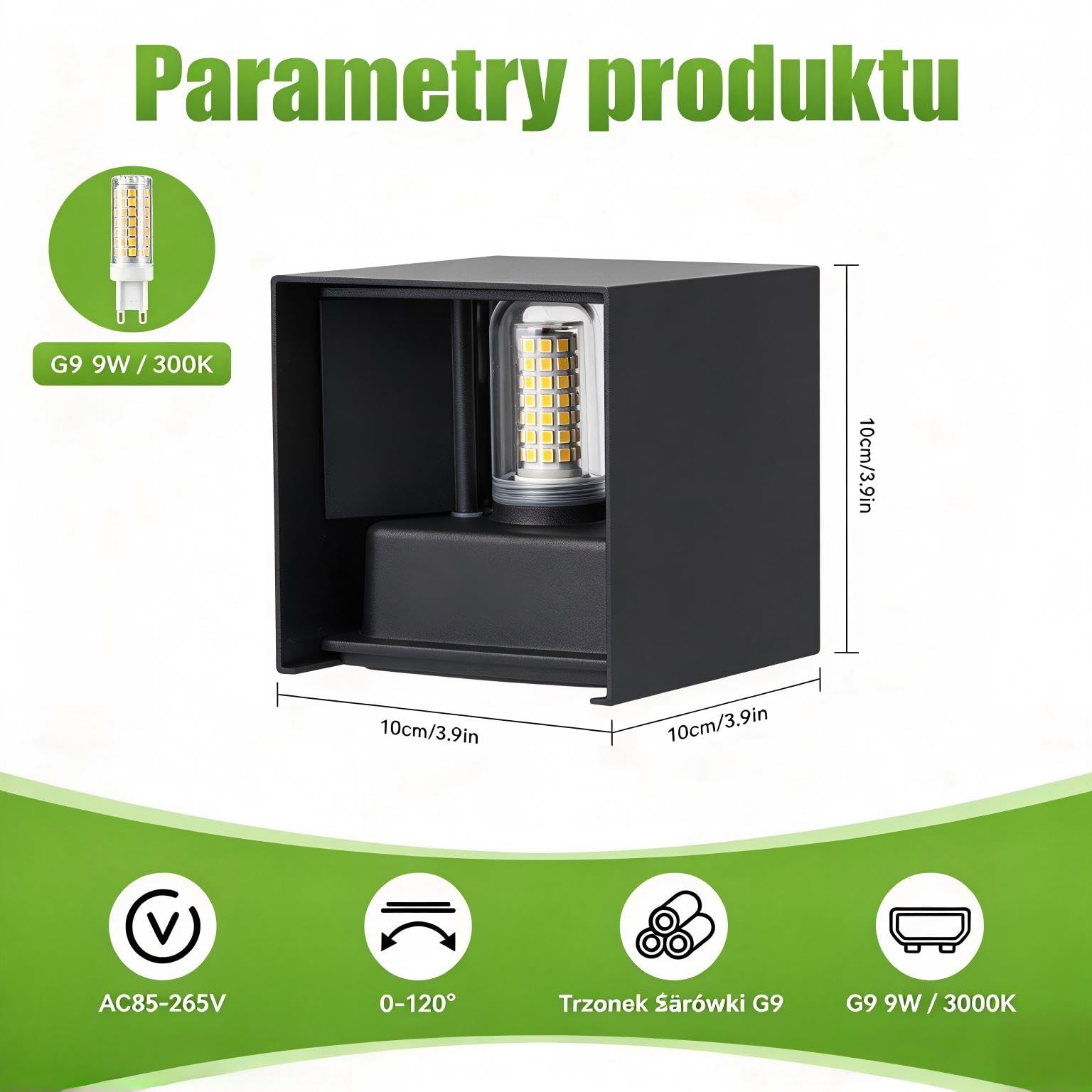 2 sztuki kinkietów zewnętrznych/wewnętrznych, z wymiennymi żarówkami LED G9, stopień ochrony IP65, 3000 K, 9 W,regulowany kąt świecenia, oświetlenie zewnętrzne na balkon, werandę, patio
