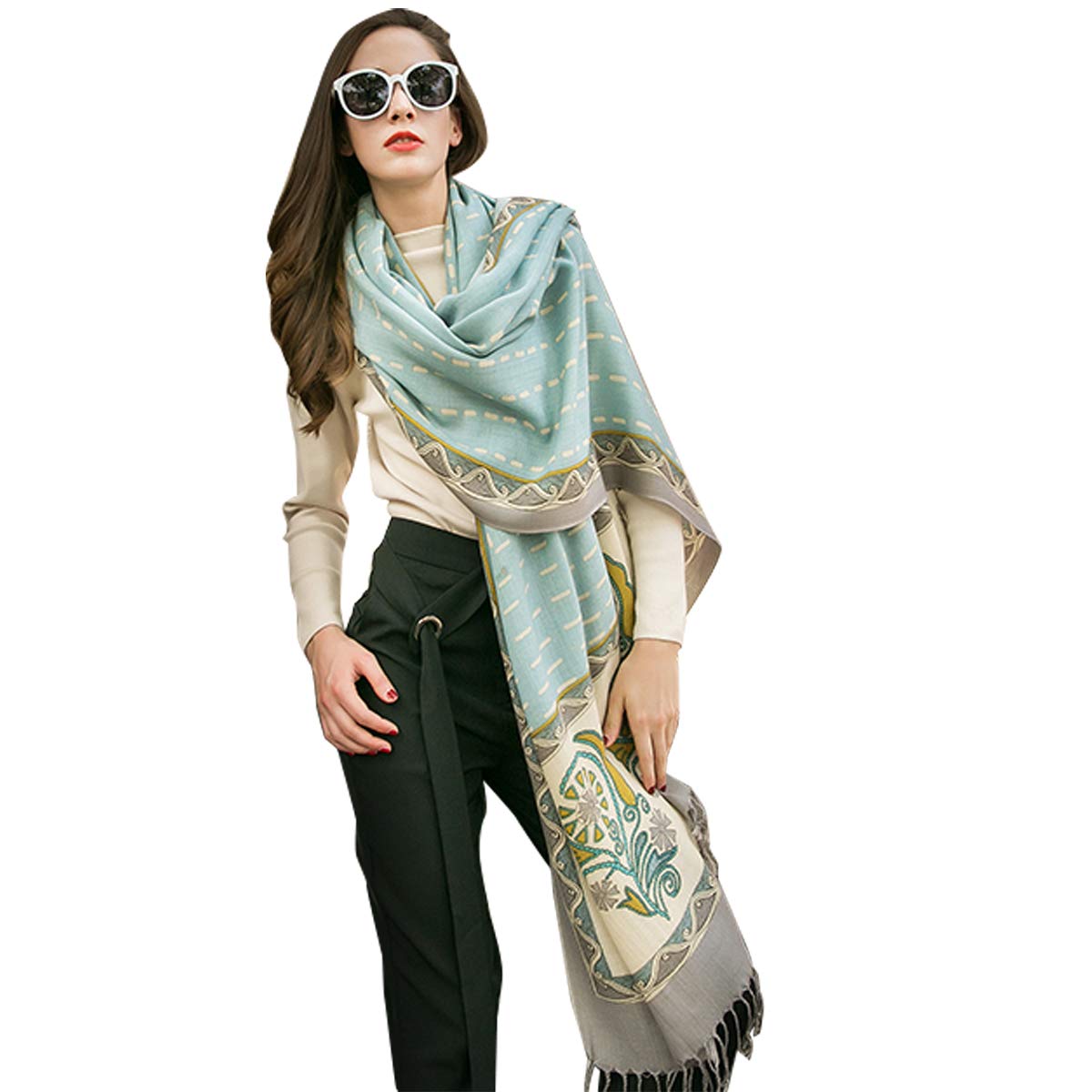 DANA XU100% Pure Merino Wool Oversized Extra Large Cashmere Pashmina Warm Floral Scarf Shawl And Wrap Dupatta For Women