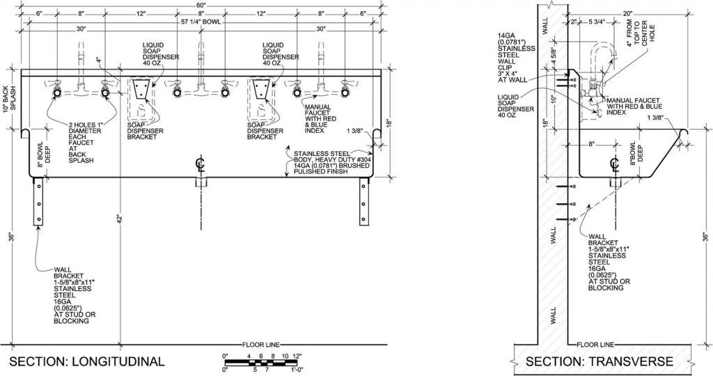 MULTISTATION 3 Users WASH UP Hand Sink 60" Wall Mount Made in USA Stainless STL.