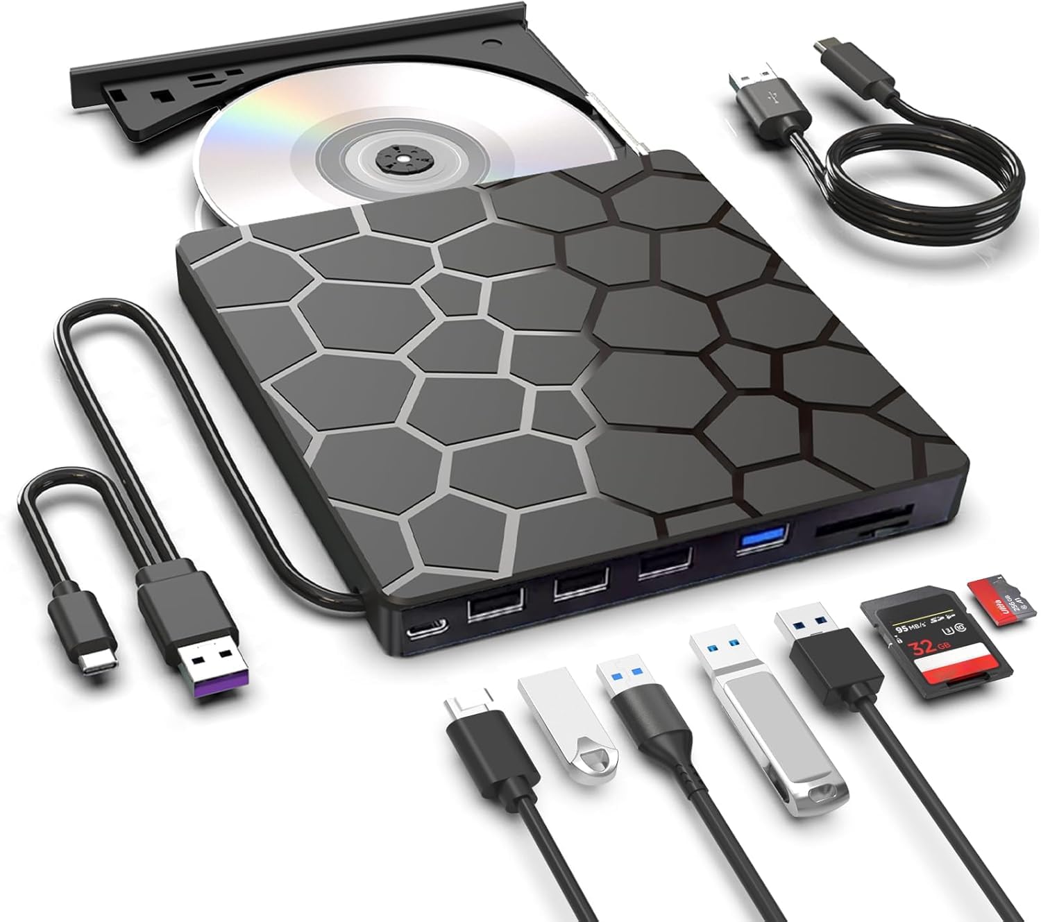 External CD DVD Drive 8 in 1 USB 3 0 and Type-C Disc Reader Writer Burner Player Slim