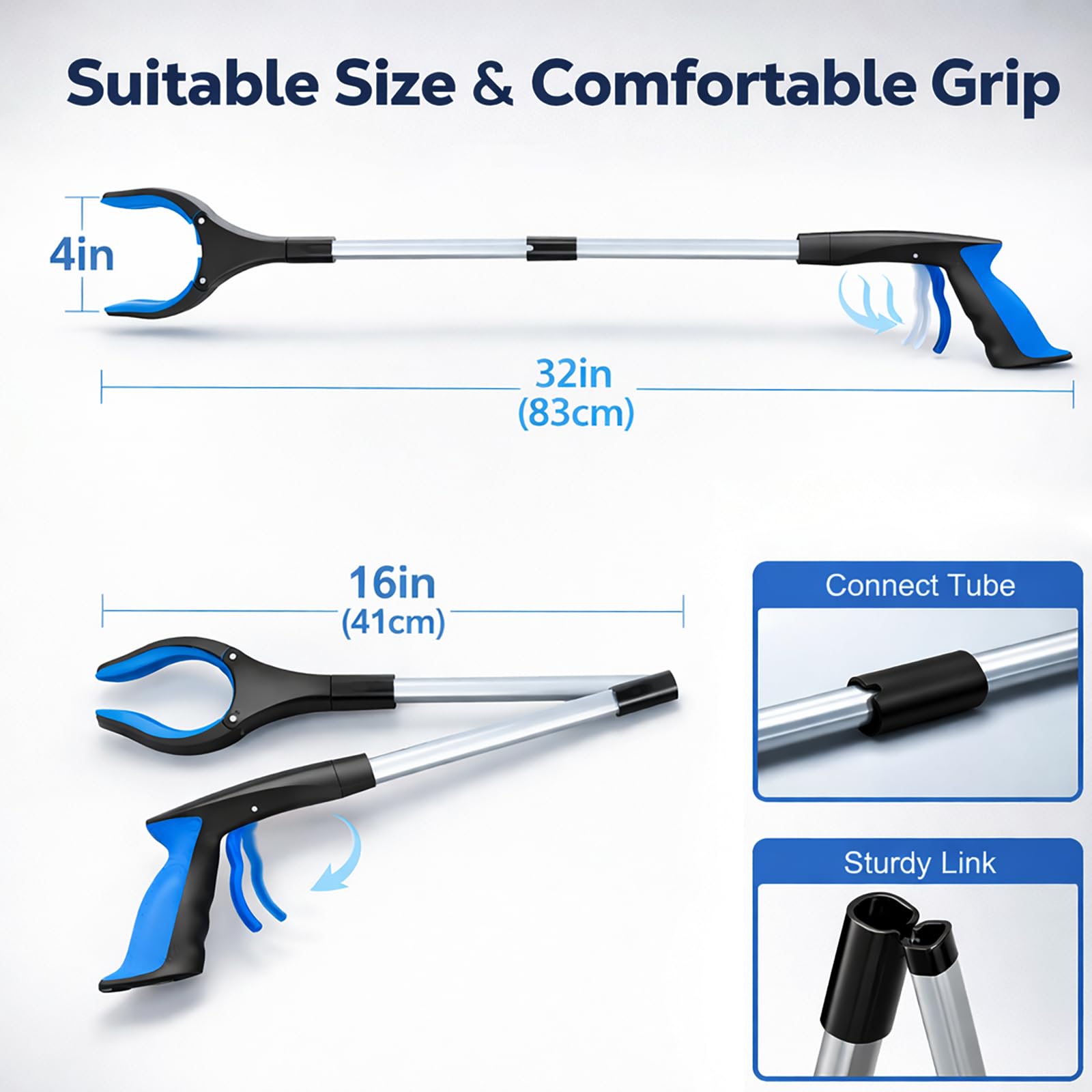 Greifzange – 81,3 cm extra Langer Faltbarer Greifer und Greifwerkzeug – robuster Greifstab für Senioren, Müll, Operationen, Genesung, EIN Muss für Geschenke (blau)