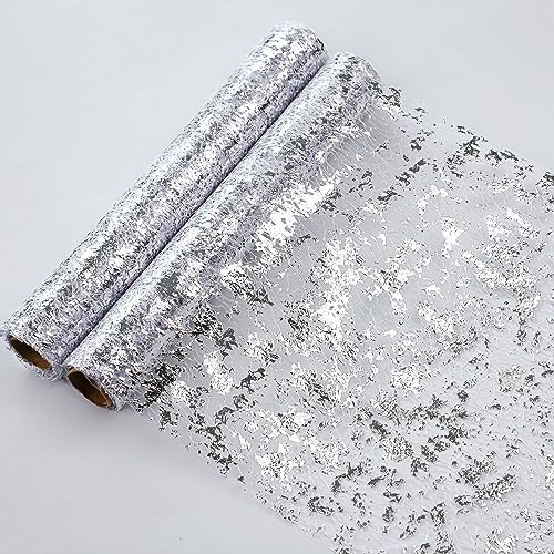 Snowkingdom Silver Table Runner, Sequin Glitter Foil Metallic Silver Thin Mesh Table Runner Roll 11'x108', Silver Table Decorations for Wedding, Birthday Party, Christmas