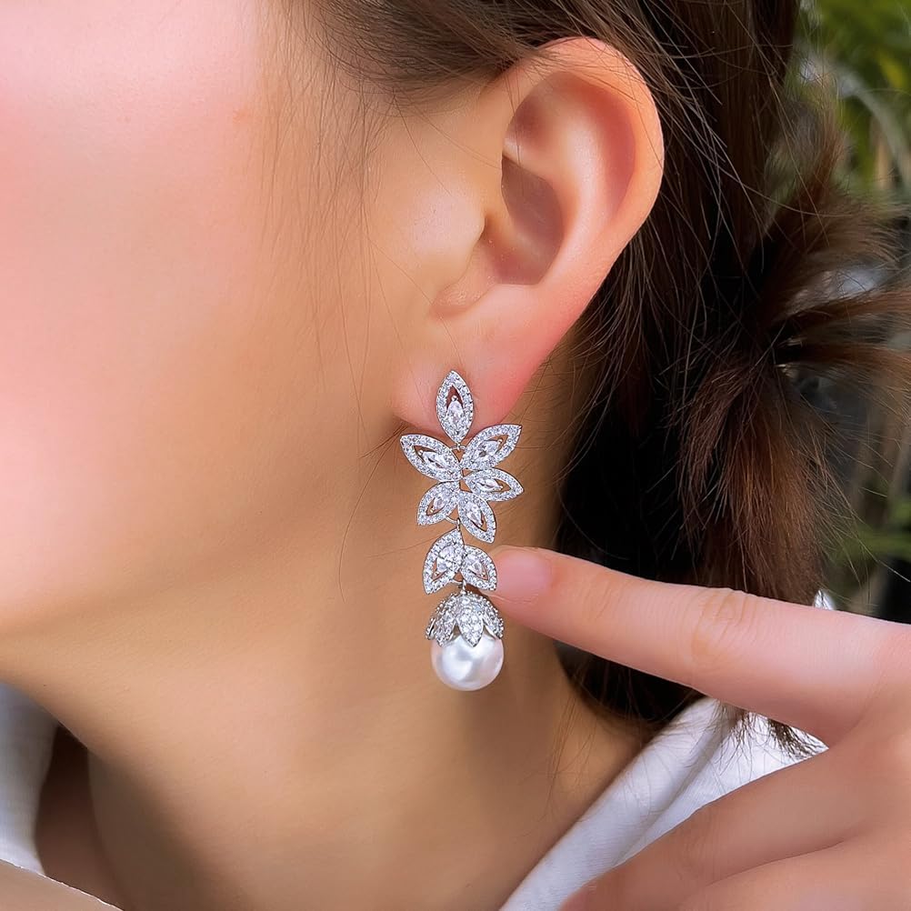 Cubic Zirconia Pearl Drop Earrings, Luxury Leaf Shape Long Dangle Wedding Earrings for Women, Clear Crystal Bridal Statement Jewelry - Image 3