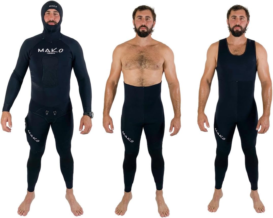 MAKO Spearguns Men’s Yamamoto Black 2-Piece Open Cell Wetsuit – 100% Genuine Yamamoto Neoprene, Super Stretch Nylon, Selectable Bottoms, Hooded Jacket, 3/5/7mm Thickness