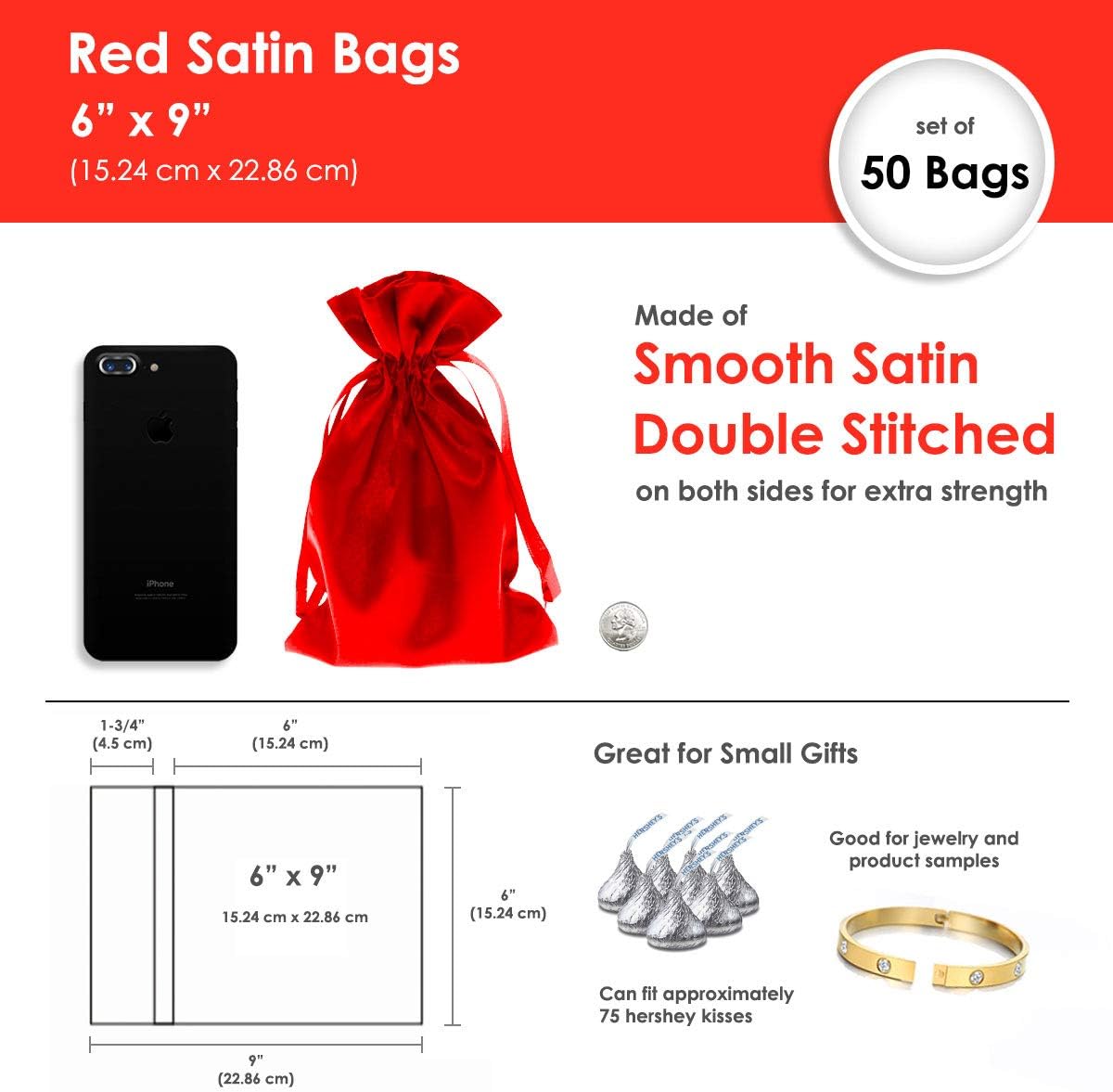 6" x 9" Red Satin Gift Bags, Jewelry Bags, Wedding Favor Drawstring Baby Shower Christmas 50 per Pack - Image 4