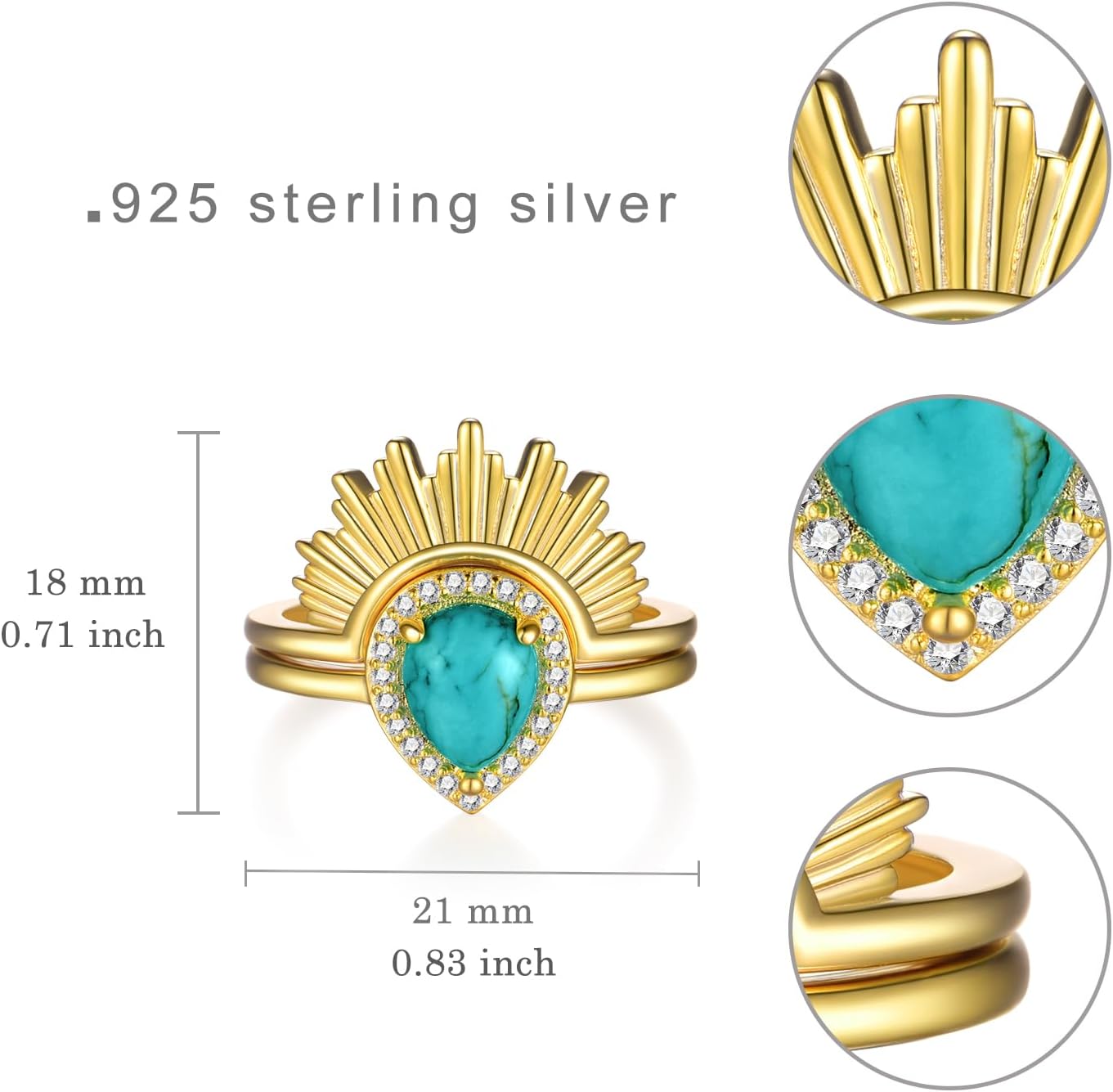 Genuine Sun Turquoise Rings for Women 925 Sterling Silver Turquoise Stacking Ring Set Vintage Western Stacking Wedding Ring Real Turquoise Jewelry for Women