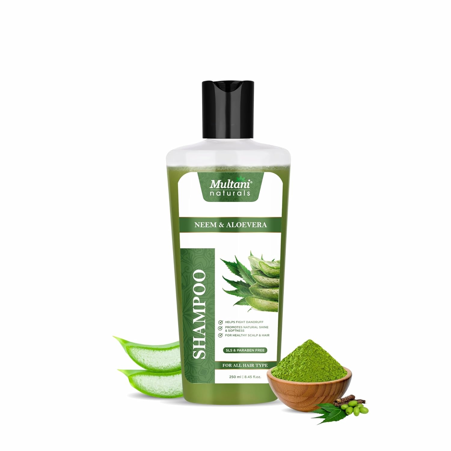 Multani Naturals Neem & Aloe Vera Shampoo | Anti-Dandruff & Scalp Cooling | Strengthens Hair Roots | Supports Scalp Health| SLS & Paraben Free |Dermatologically Tested| For All Hair Types | 250 ml