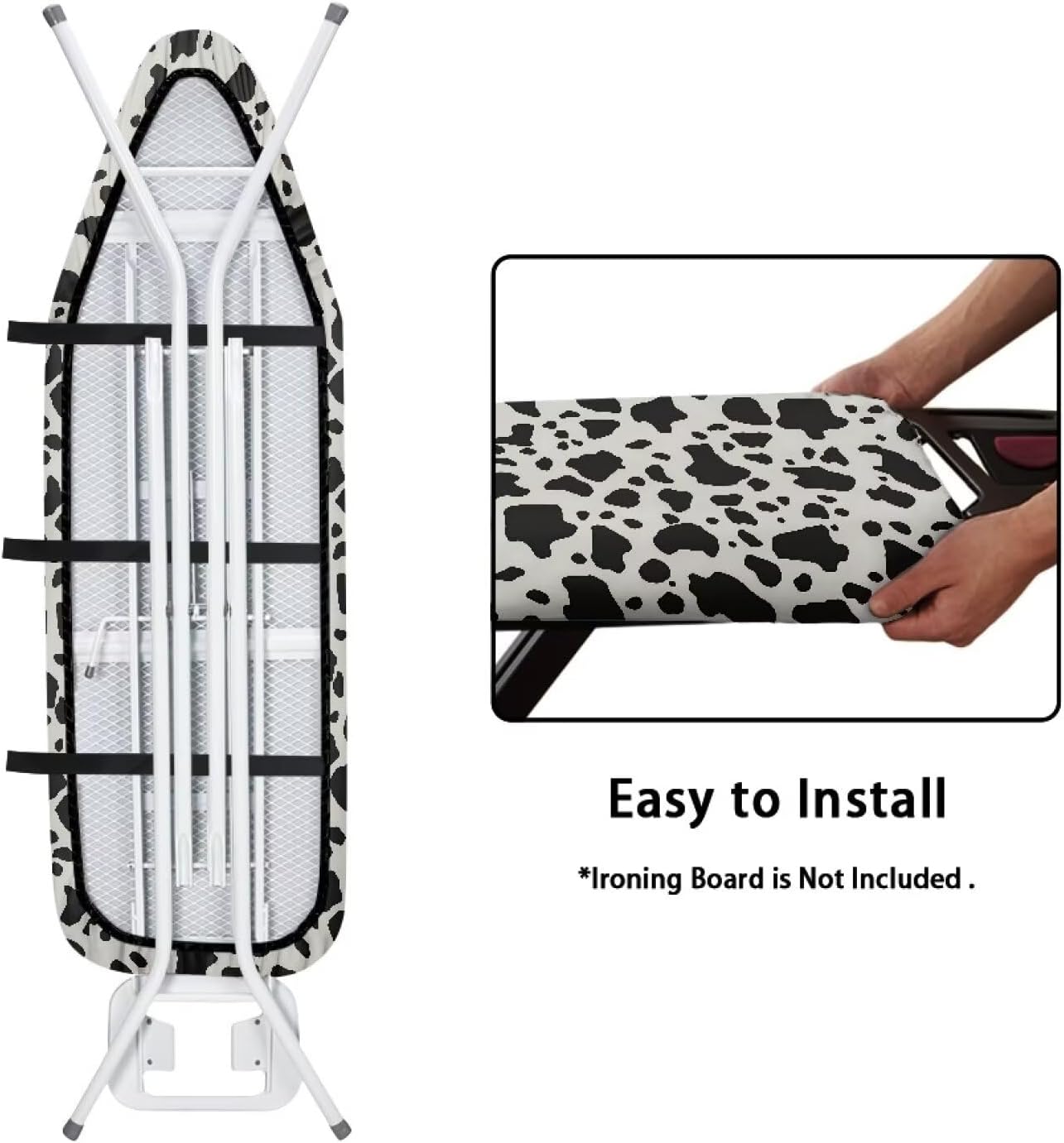 Milk Cow Skin Steam Ironing Board Cover, Classic Black White Animal Texture 15x54 Inch Standard Size, Dairy Cattle Spot Cover Ironing Board Cover for Smooth Iron Washable
