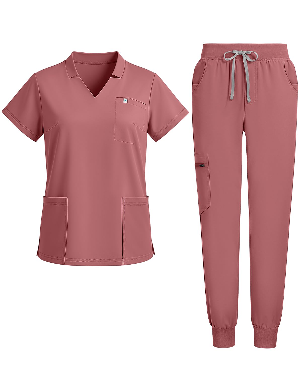 Dvoliaw Scrubs for Women Set with V-Neck Top&Jogger Pants 8-Pockets | Yoga waistband. Soft stretch knit. V-neck, jogger cuffs. 13 colors. Machine