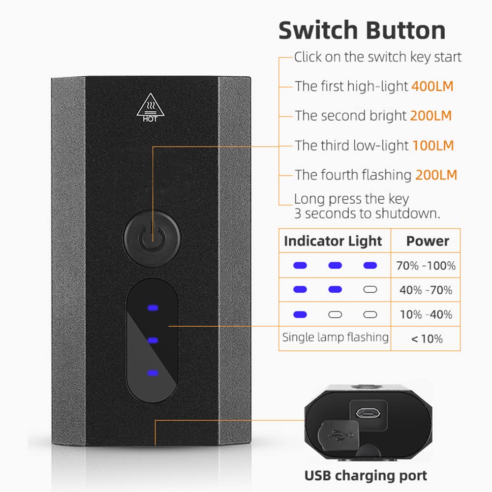 Faro Anteriore per Bicicletta in Alluminio Ricaricabile Tramite USB, indicatore di Batteria, Torcia con Doppio LED T6 e Supporto Regolabile a 360°.