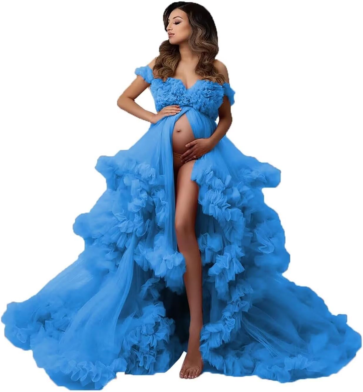 Tulle Maternity Dress for Photoshoot Puffy Ruffles Bridal Lingerie Bathgown Sheer Pregnancy Gown for Baby Shower