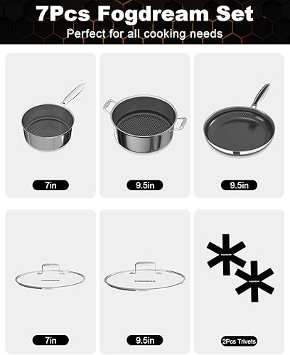Miniatura 6 de FogDream Utensilios de cocina de acero inoxidable, juego de ollas y sartenes de tres capas, sartenes antiadherentes, olla de sopa y sartén con tapas