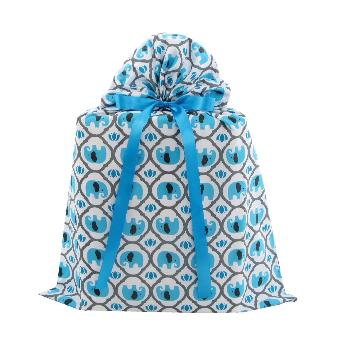 VZWraps Elephants Reusable Fabric Gift Bag for Baby Shower, Child’s Birthday, or Any Occasion (Large 20 Inches Wide by 27 Inches High, Turquoise Blue)