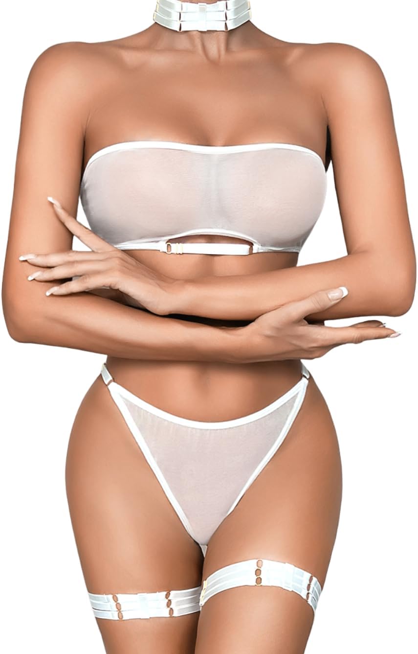 Kaei&Shi Sheer Mesh Lingerie Set, Sexy Bra And Panty 4PC, Strapless Choker