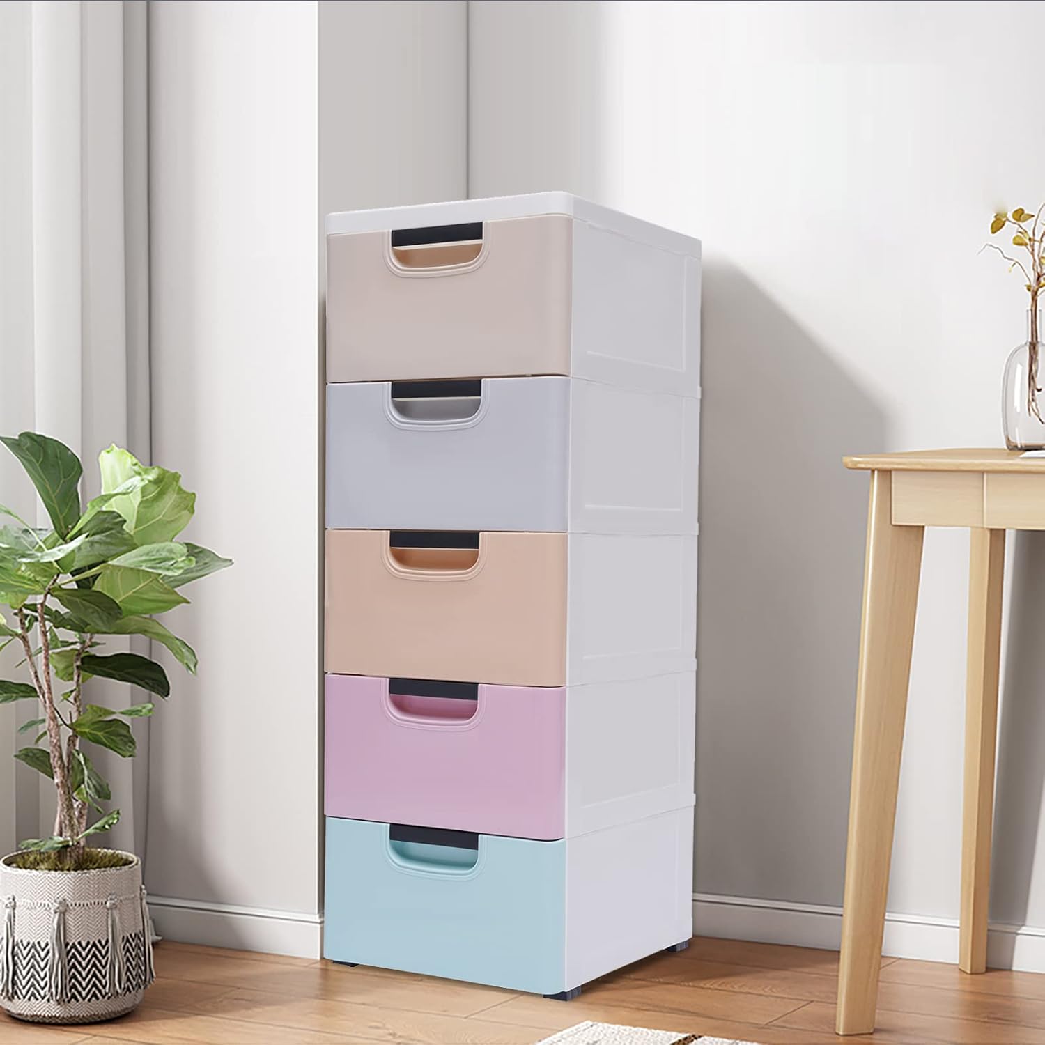 5-Tier Plastic Drawers Storage Dresser, Rolling Narrow Slim Dresser with Wheels, Stackable Vertical Storage Tower Storage Organizer for Small Space Home Furniture Office (Colorful)